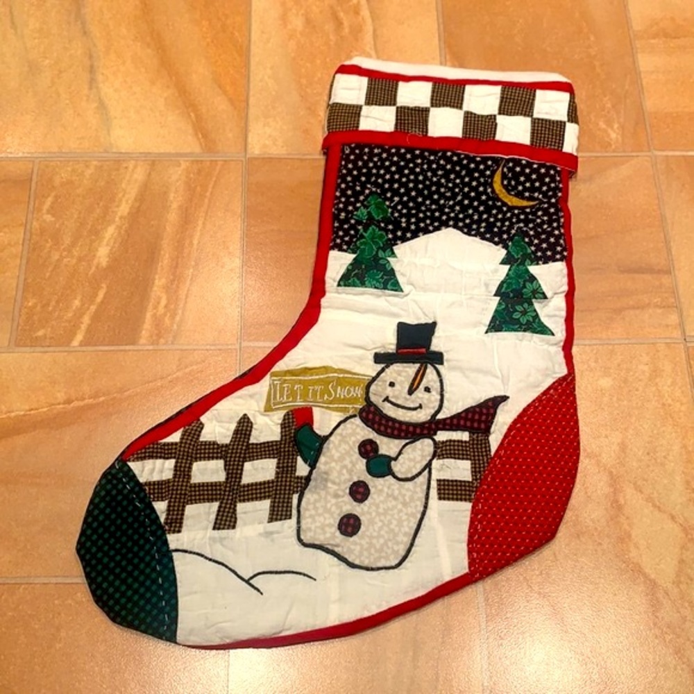 Vintage Christmas Holiday Snowman Patchwork Quilted Blanket & Stocking Set - Picture 5 of 6